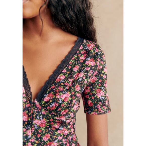 Sezane Jamie Floral Pink Black T-Shirt Blouse Feminine Romantic Dainty Medium - Picture 2 of 9